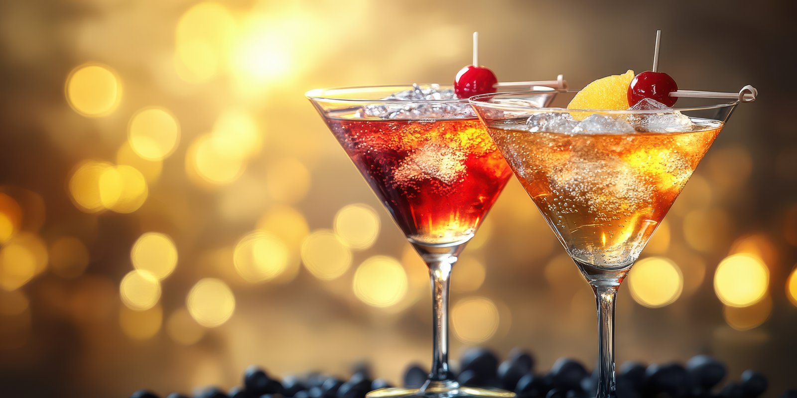 Colorful cocktails in elegant glasses with vibrant background celebrating a festive atmosphere at a cocktail party